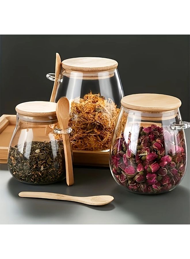 2pcs Airtight Glass Storage Jar With Spoon 11 83oz For Coffee Sugar Tea Salt Spices - Image 1